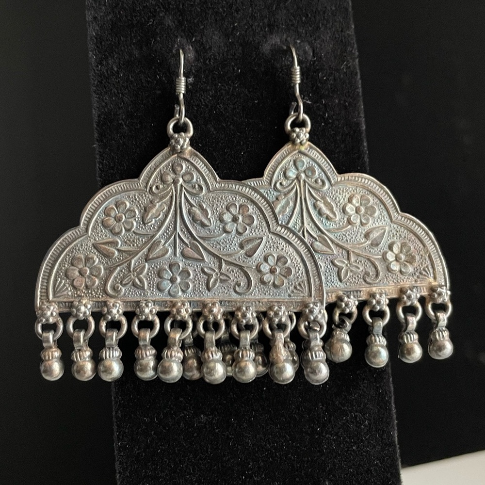 Vintage Sterling Silver Floral India Boho Gypsy Ethnic Earrings